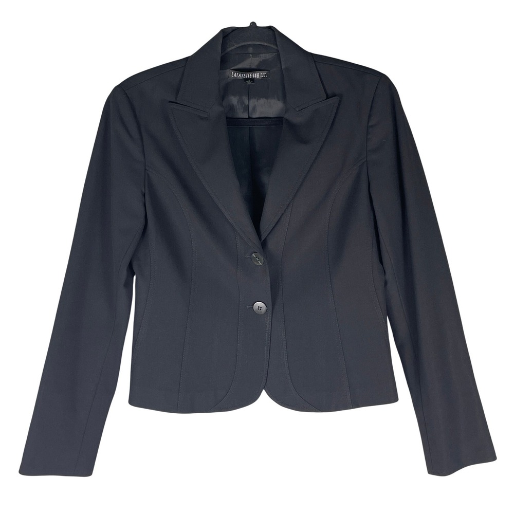 Lafayette 148 Blazer Womens 2 Black Sheen Wool Blend Tailored 2-Button‎ Jacket